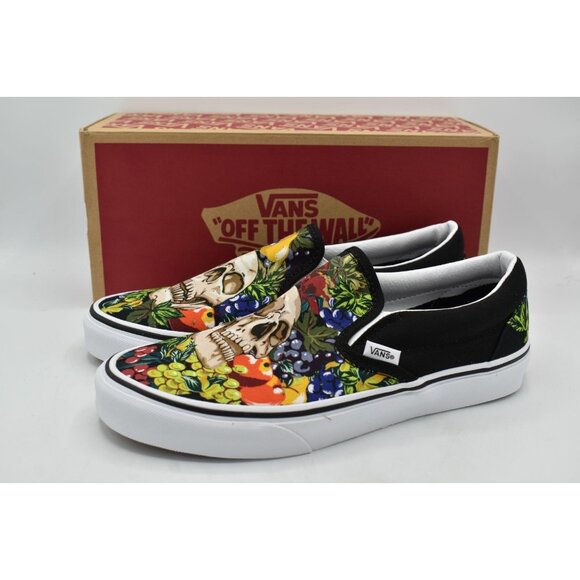 Vans Shoes - Vans Womens Size 9.5 Black White Fruit Skull Classic Slip On Sneakers Shoes